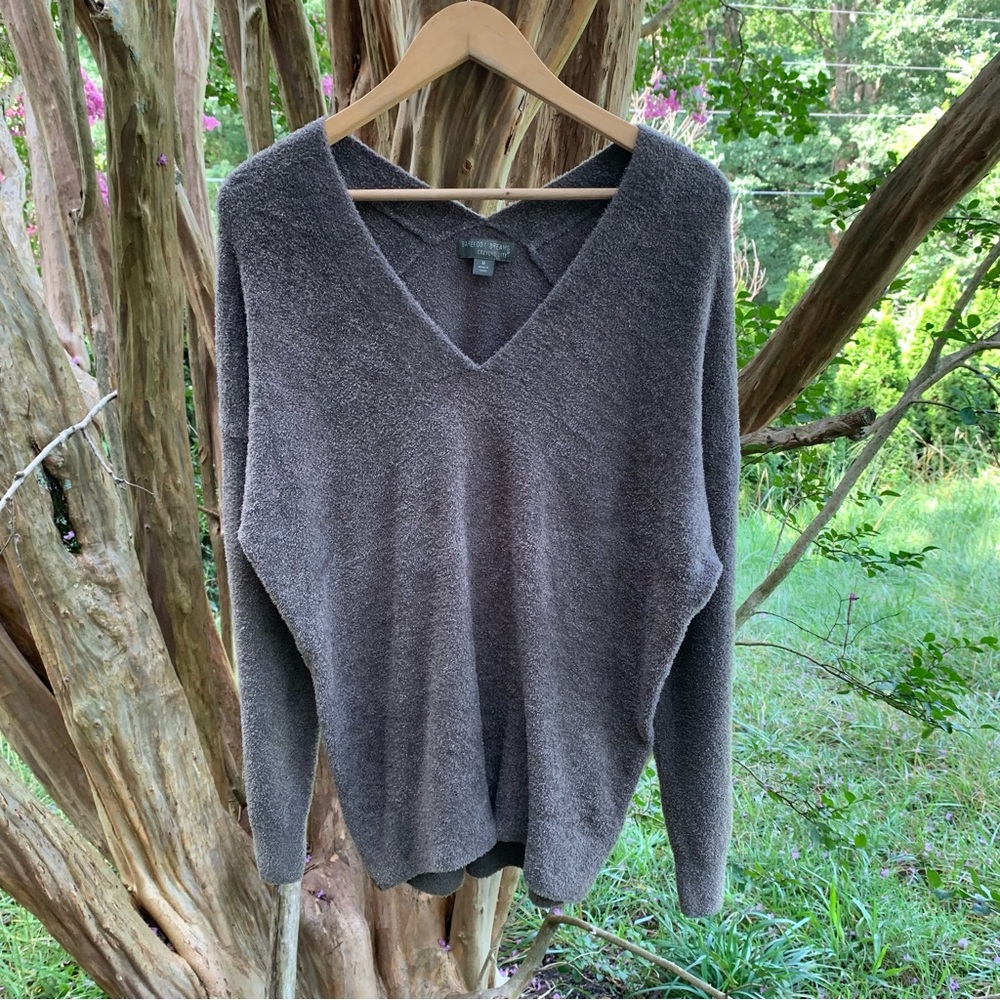 Barefoot Dreams Cozychic Lite Contrast Double V Pullover Sweater in Taupe/Brown